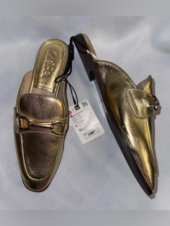 Zara Shoes - Zara Women’s Metallic Gold Slip-On Mules with Bit Detail, Size 39 New with Tags